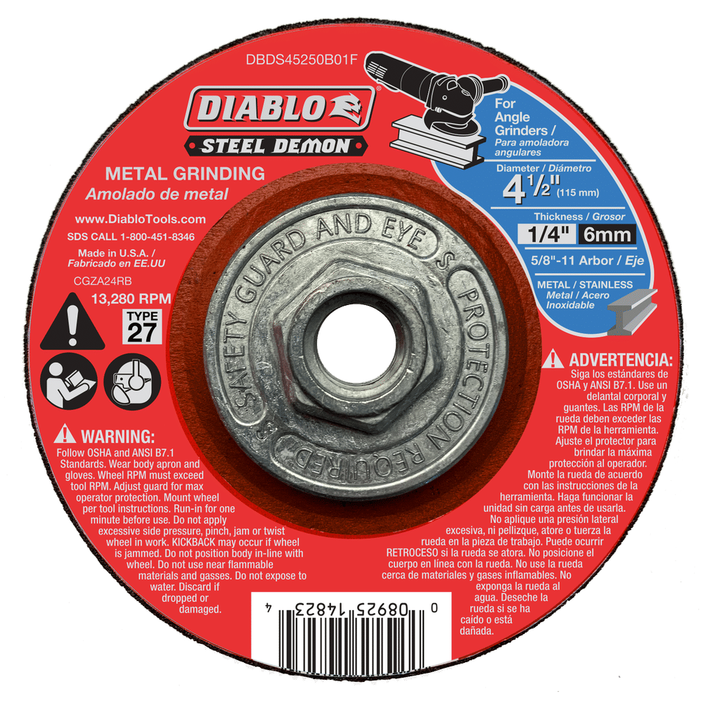 The Diablo Steel Demon Metal Grinding Disc, model DBDS45250B01F, features a premium ceramic blend with a 4½ diameter, ¼ thickness, and a 5/8-11 arbor. It includes a central bolt and safety warnings on the red background.