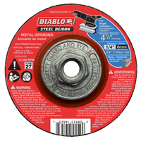 The Diablo Steel Demon Metal Grinding Disc, model DBDS45250B01F, features a premium ceramic blend with a 4½ diameter, ¼ thickness, and a 5/8-11 arbor. It includes a central bolt and safety warnings on the red background.