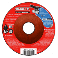 The DIABLO DBDS45250701F 4-1/2 in. x 1/4 in. x 7/8 in. Type 27 Steel Demon metal grinding disc features a premium ceramic blend and is designed for angle grinders, with specs like max RPM, model numbers, and safety warnings clearly displayed on its red surface.