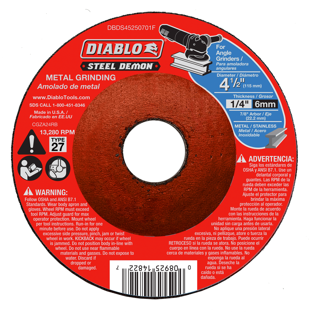 The DIABLO DBDS45250701F 4-1/2 in. x 1/4 in. x 7/8 in. Type 27 Steel Demon metal grinding disc features a premium ceramic blend and is designed for angle grinders, with specs like max RPM, model numbers, and safety warnings clearly displayed on its red surface.