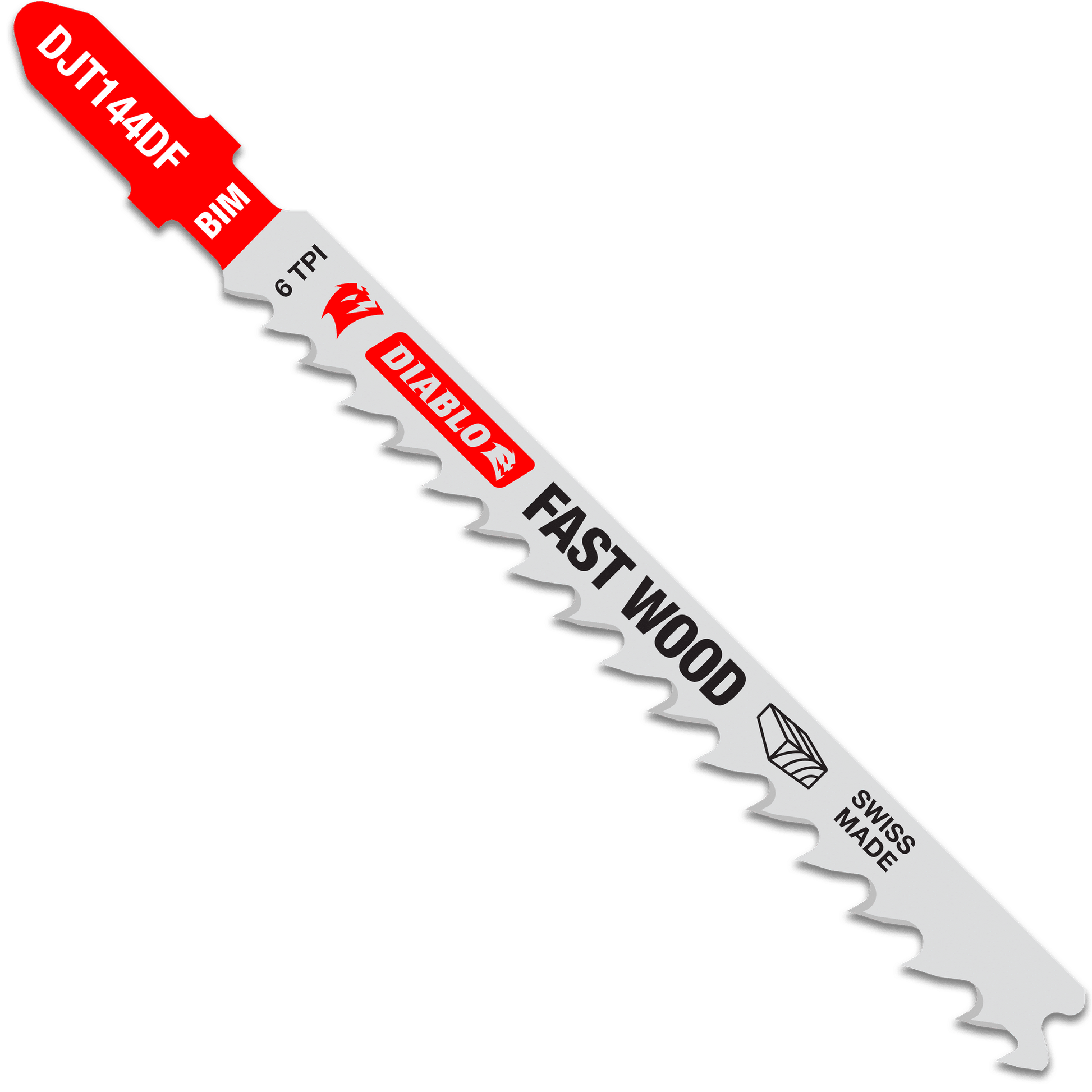A striking red and silver Diablo DJT144DF jigsaw blade, featuring ultra-hardened bi-metal teeth, 6 TPI for fast wood cutting, and a Swiss-made T-shank design ensures precision.