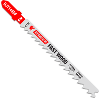 A striking red and silver Diablo DJT144DF jigsaw blade, featuring ultra-hardened bi-metal teeth, 6 TPI for fast wood cutting, and a Swiss-made T-shank design ensures precision.