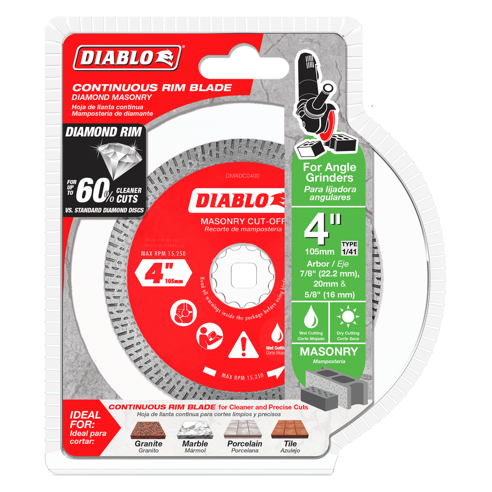 Image of the Diablo DIABLO DMADC0400 4 in. Diamond Continuous Rim Masonry Cut-Off Disc, compatible with angle grinders, max RPM 15,280. Ideal for tile and stone cutting, it offers faster cuts and precise cleaner precision—perfect among masonry cut-off discs.