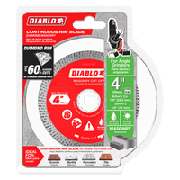 Image of the Diablo DIABLO DMADC0400 4 in. Diamond Continuous Rim Masonry Cut-Off Disc, compatible with angle grinders, max RPM 15,280. Ideal for tile and stone cutting, it offers faster cuts and precise cleaner precision—perfect among masonry cut-off discs.