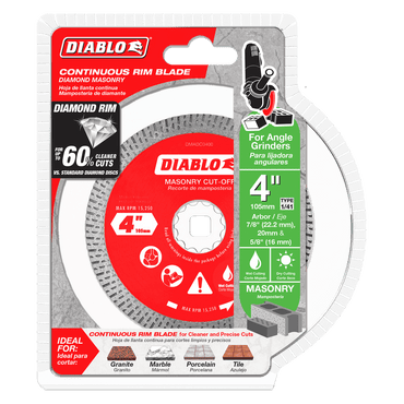 Image of the Diablo DIABLO DMADC0400 4 in. Diamond Continuous Rim Masonry Cut-Off Disc, compatible with angle grinders, max RPM 15,280. Ideal for tile and stone cutting, it offers faster cuts and precise cleaner precision—perfect among masonry cut-off discs.
