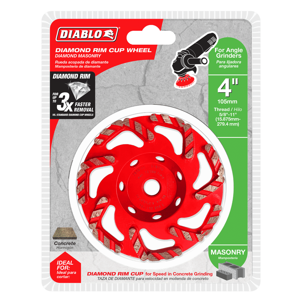 The DIABLO DMACW0400 4 in. Diamond Rim Cup Wheel by Diablo, designed for angle grinders, is visible through its plastic cover. Its labeled for concrete masonry, featuring a red design and a 5/8-11 thread specification, highlighting speed and dust extraction in grinding tasks.