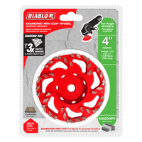 The DIABLO DMACW0400 4 in. Diamond Rim Cup Wheel by Diablo, designed for angle grinders, is visible through its plastic cover. Its labeled for concrete masonry, featuring a red design and a 5/8-11 thread specification, highlighting speed and dust extraction in grinding tasks.