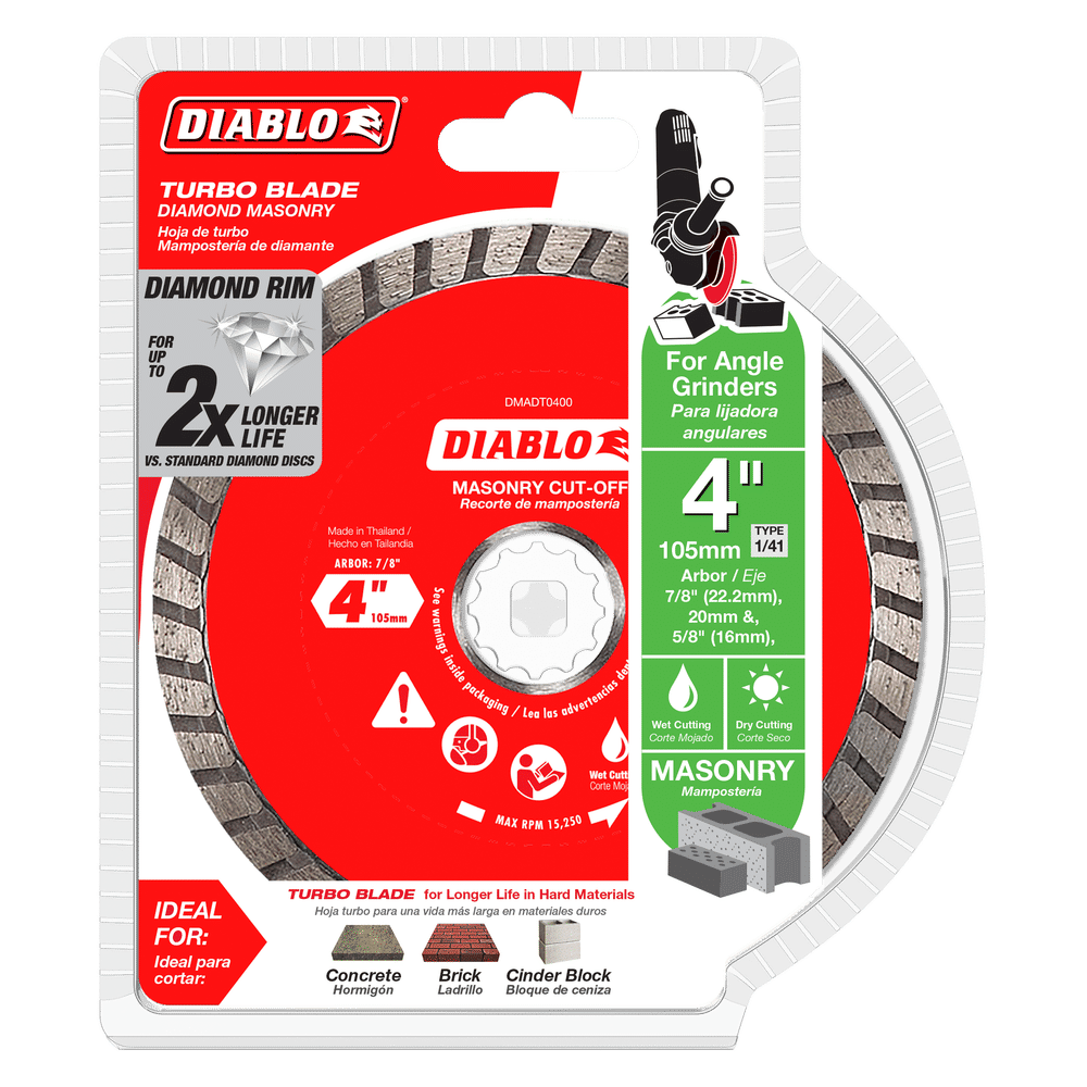 The DIABLO DMADT0400 4 in. Diamond Turbo Masonry Cut-Off Disc by Diablo is designed for 4-inch angle grinders and features industrial-grade diamonds for twice the lifespan, precisely cutting concrete, brick, and cinder block. Its red and silver design enhances its durability and performance.
