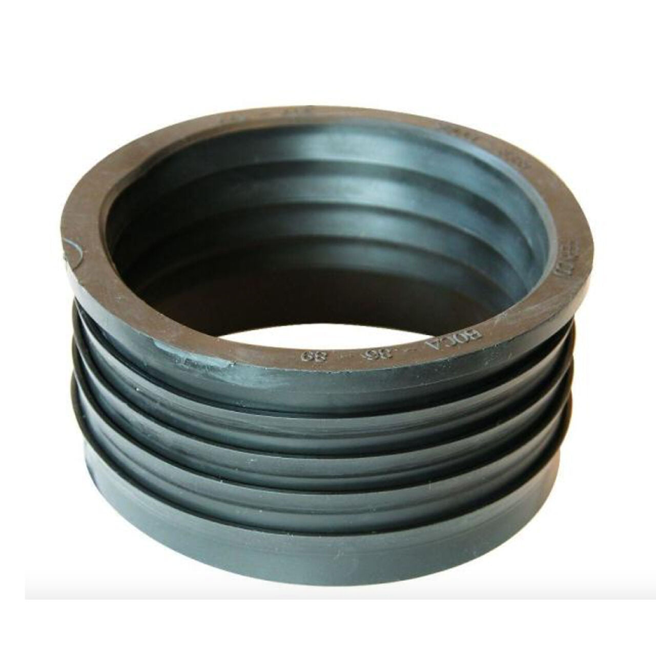 The Go Build 4 in. Service Weight Cast Iron Hub x 4 in. Sch. 40 PVC Compression Coupling is a black, ridged connector often used in plumbing or drainage systems, shown against a white background.