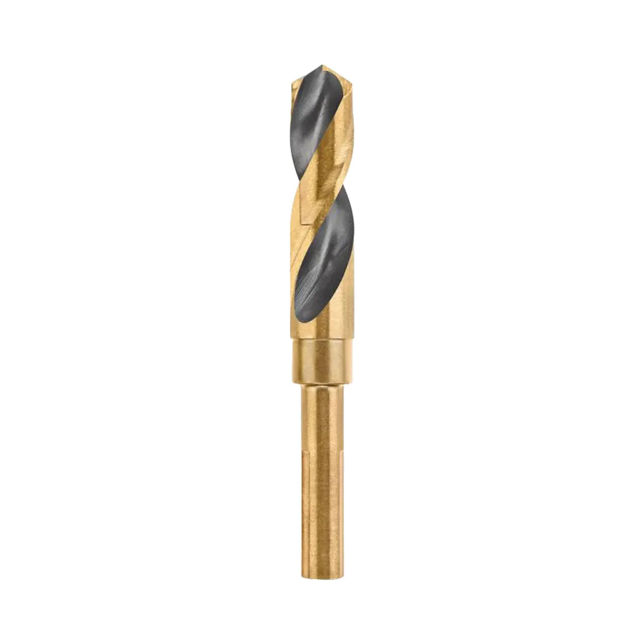 A Go Build 3/4 in. Black and Gold Drill Bit, with a short cylindrical shaft and pointed tip, is shown isolated on a white background.