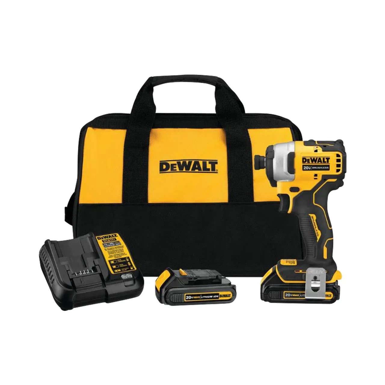 Go Builds ATOMIC 20V MAX Cordless Brushless Compact 1/4 in. Impact Driver kit includes a tool, two batteries, charger, and carrying bag with handles, all shown on a white background.