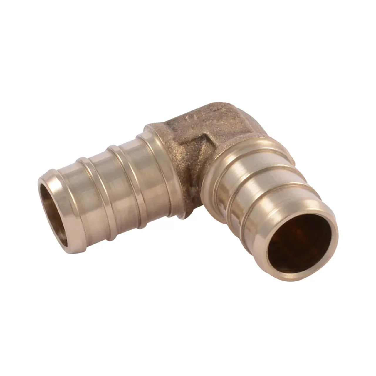 The Go Build 3/4 in. PEX 90-Degree Elbow connects two PEX pipes at a right angle with barbed ends, offering a lead-free brass solution from The Fastest Way To Build.
