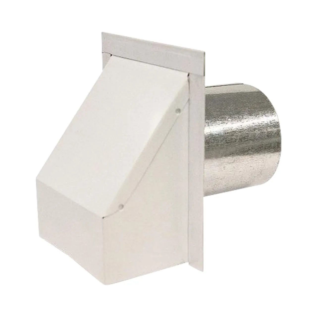 The Go Build 4 in. Round Heavy-Duty Wall Vent with Damper - White is a wall-mounted vent, ideal for dryer or exhaust ventilation, featuring a rectangular cover and durable angled design.