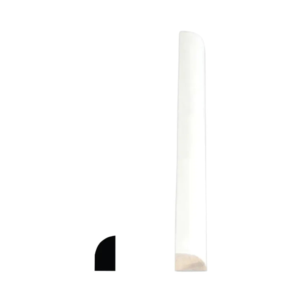 A black semicircle on the lower left sits beside a tall, narrow Go Build 3/4 in. x 3/4 in. x 12 ft. PVC Composite Quarter Round molding with a rounded top, set against a plain white background.