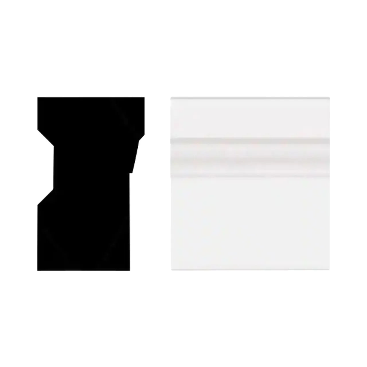 A black crown molding silhouette is shown left, with a front view of Go Build 1-1/4 in. x 2 in. x 8 ft. PVC Composite Brick Moulding on the right, both on a white background. Brand: Go Build, The Fastest Way To Build.