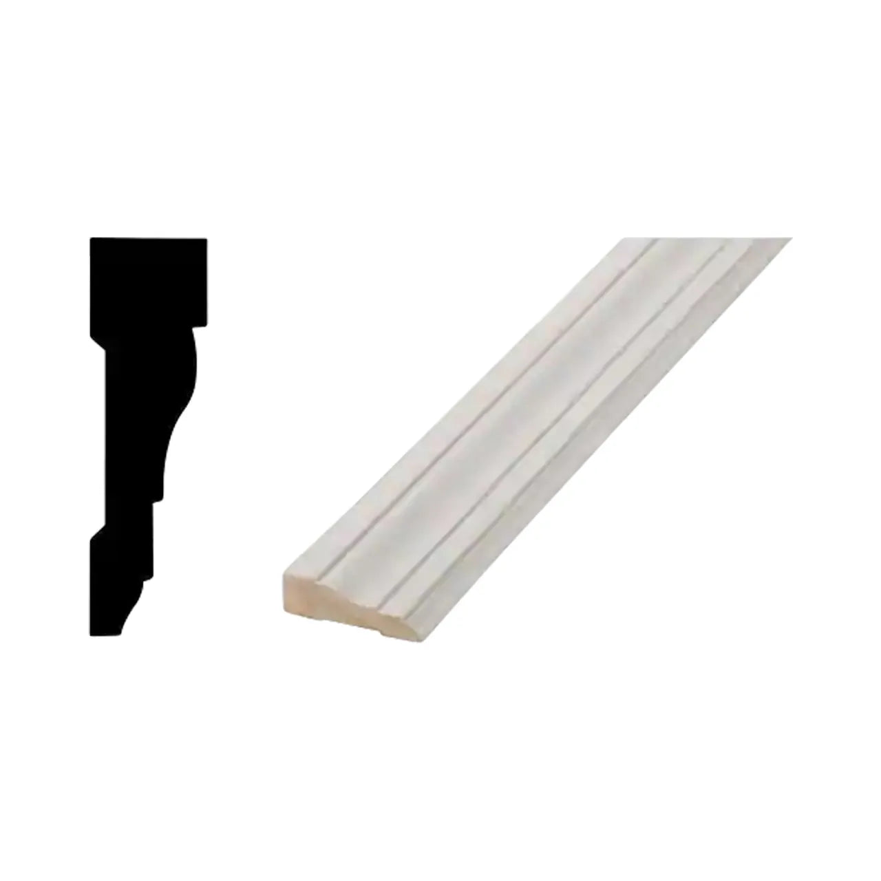 The Go Build 11/16 in. x 2-1/4 in. x 7 ft. Primed Finger-Jointed Casing Molding Door Pack is displayed at an angle, highlighting its detailed curved profile against a white background.