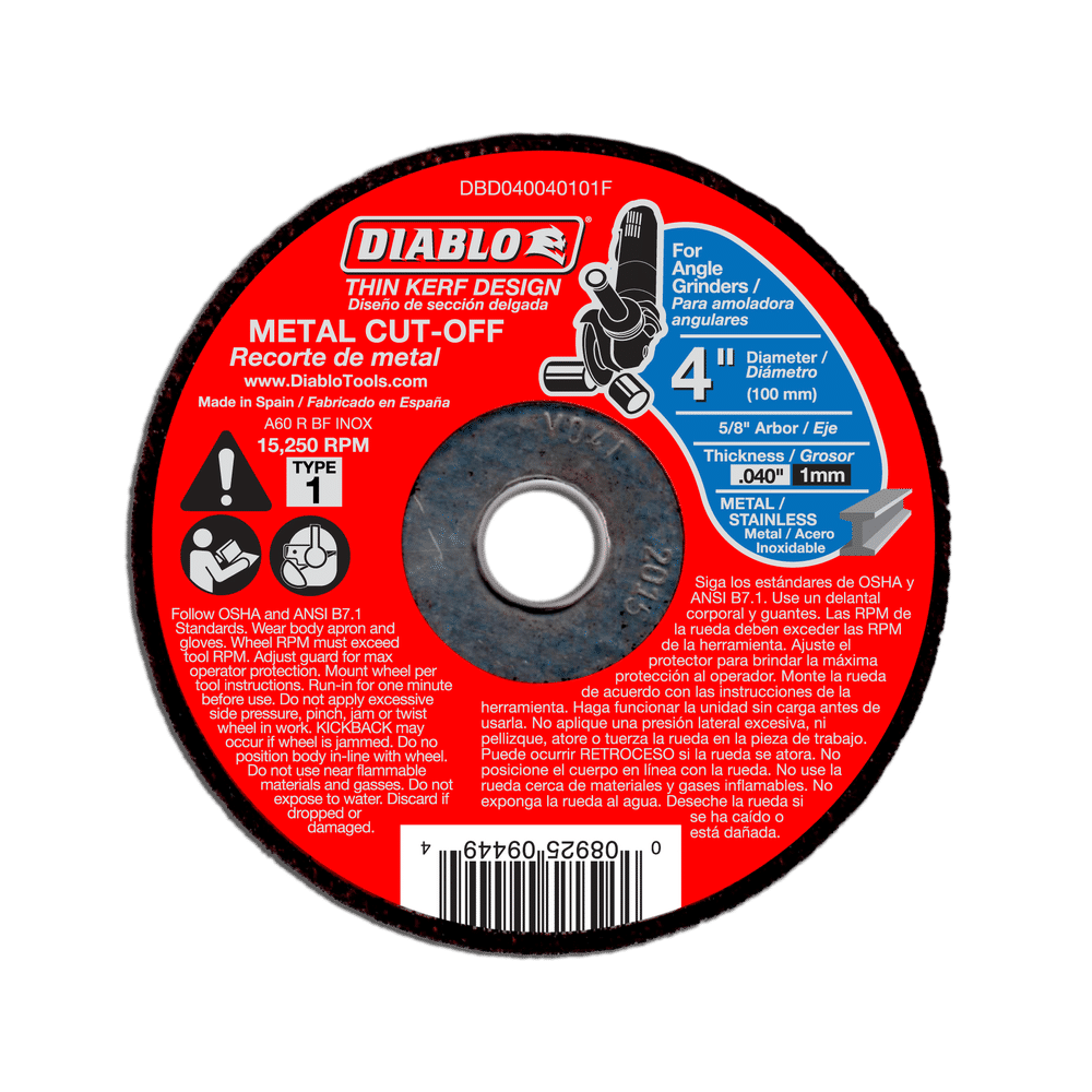 The DIABLO DBD040040101F is a premium 4 x .040 x 5/8 metal cut-off disc for angle grinders featuring a Thin Kerf Design and aluminum oxide blend. It includes English and Spanish details, as well as safety instructions and product information.