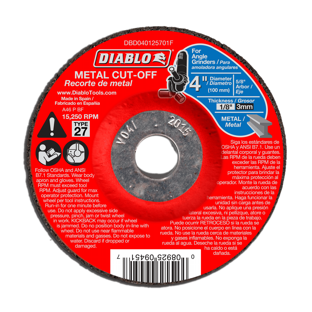 The DIABLO DBD040125701F is a 4 in. x 1/8 in. metal cut-off disc designed for masonry grinding with angle grinders, featuring a silicone carbide blend and Type 27 design. Its red, black, and silver design includes bilingual text, safety icons, instructions, and a central hole.