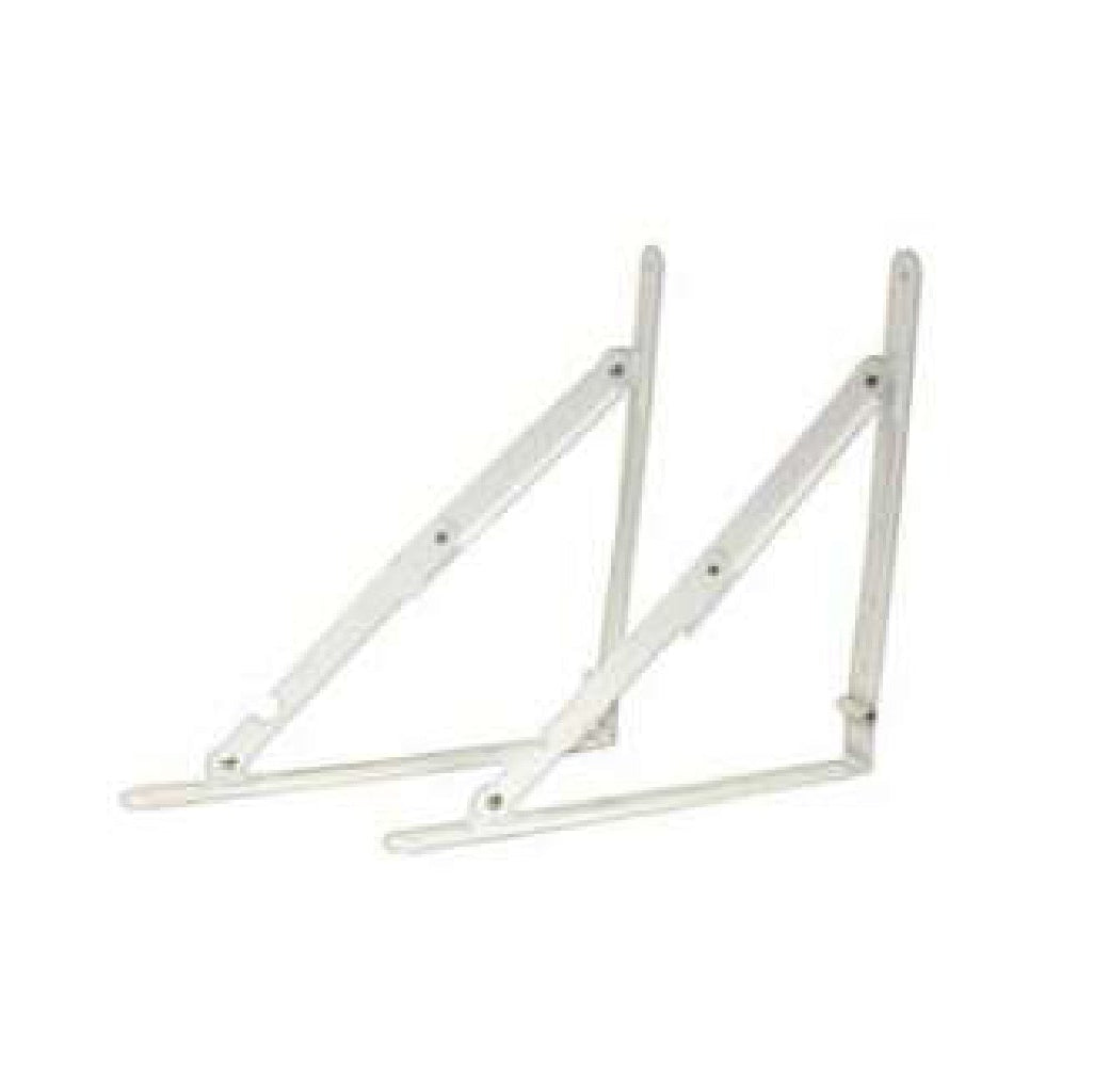 The G FORCE 41273 12 in. x 12 in. White Folding Shelf Brackets (2PC) with screws are shown upright, featuring angular support arms for secure, space-saving wall storage.