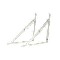 The G FORCE 41273 12 in. x 12 in. White Folding Shelf Brackets (2PC) with screws are shown upright, featuring angular support arms for secure, space-saving wall storage.