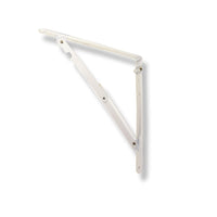 The G FORCE 41275 16 in. x 16 in. White Folding Shelf Brackets (2PC) with screws are shown mounted open against a plain white background, ideal for smart storage solutions.
