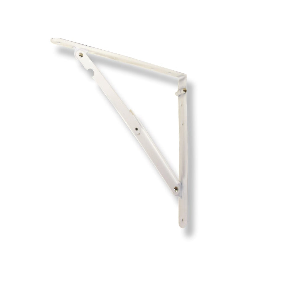 The G FORCE 41275 16 in. x 16 in. White Folding Shelf Brackets (2PC) with screws are shown mounted open against a plain white background, ideal for smart storage solutions.