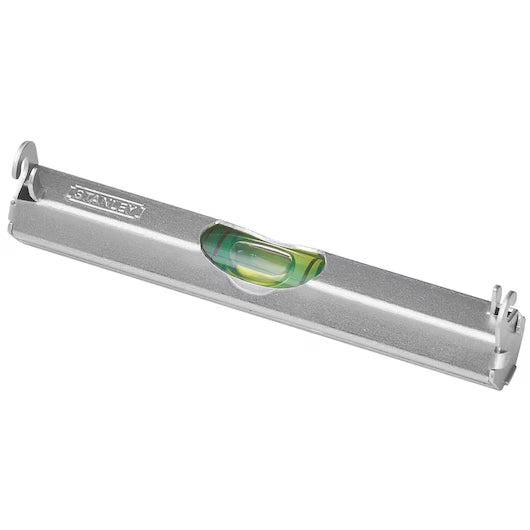 The STANLEY® Aluminium Line Level 80mm is a silver tool with a central yellow-green vial to check horizontal alignment, featuring hooks on each end for easy string attachment.