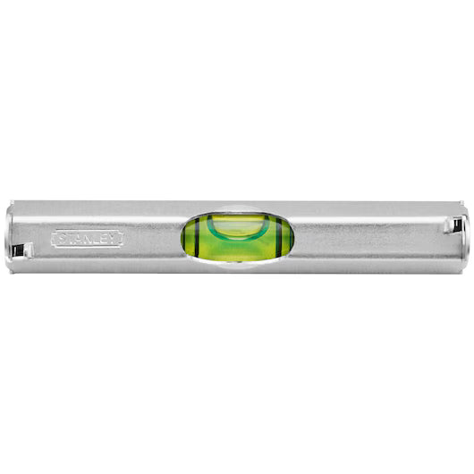 The STANLEY® Aluminium Line Level 80mm is a reliable leveling tool featuring a green vial in the center, designed to measure horizontal straightness accurately.