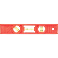 The STANLEY LEVEL TORPEDO 2V 8 in is a red plastic rectangular level with two vials for horizontal and vertical measurements, featuring a hole on one end for hanging.