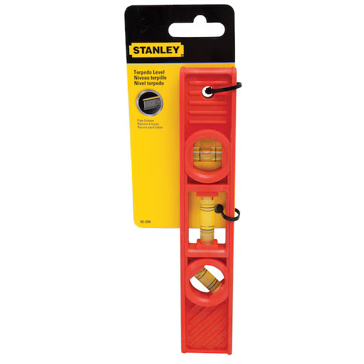 The STANLEY LEVEL TORPEDO 2V 8 in, shown in yellow and black retail packaging, offers precise leveling with its durable red build and dual vials.