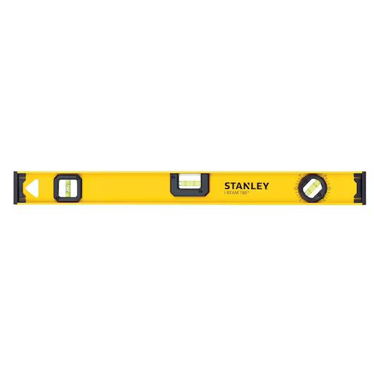 The STANLEY 24 in 180° I-Beam Level features three bubble vials for precise horizontal, vertical, and angled measurements. Durable with black end caps and clear branding, it’s perfect for any construction job.