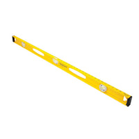 The STANLEY 24 in 180° I-Beam Level features three bubble vials and black end caps, making it ideal for checking horizontal and vertical alignment in construction and carpentry projects.