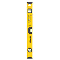 The STANLEY 24 in 180° I-Beam Level features a yellow body, three bubble vials, black end caps, and a center label—making it an ideal leveling tool for any construction project.