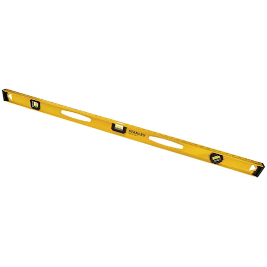 The STANLEY 48 in I-Beam 180 Level features three bubble vials and two handle cutouts, making it a professional-grade tool for accurately checking horizontal and vertical surfaces.