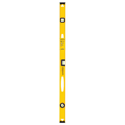 The STANLEY 48 in I-Beam 180 Level is a yellow, rectangular tool with three bubble vials, black end caps, and a central white handle—perfect for professional construction use. The STANLEY logo is prominently displayed.