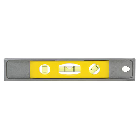 The STANLEY 225 mm (9 in) Magnetic Torpedo Level features three bubble vials for horizontal, vertical, and 45° angles, magnetic hands-free use, and a hanging hole. Its yellow and gray compact design is ideal for precise leveling tasks.