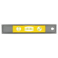 The STANLEY 225 mm (9 in) Magnetic Torpedo Level features three bubble vials for horizontal, vertical, and 45° angles, magnetic hands-free use, and a hanging hole. Its yellow and gray compact design is ideal for precise leveling tasks.