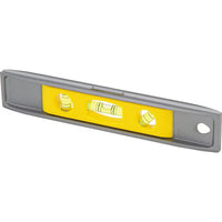 The STANLEY 225 mm (9 in) Magnetic Torpedo Level in yellow and gray features three bubble vials for horizontal, vertical, and 45° angles, plus magnets for hands-free use on metal surfaces.