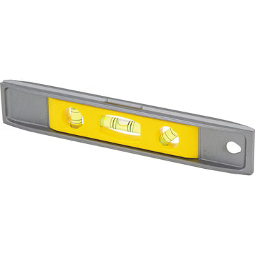 The STANLEY 225 mm (9 in) Magnetic Torpedo Level in yellow and gray features three bubble vials for horizontal, vertical, and 45° angles, plus magnets for hands-free use on metal surfaces.