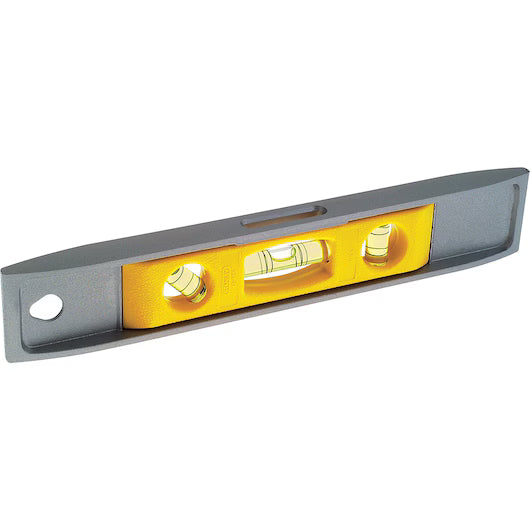 The STANLEY 225 mm (9 in) Magnetic Torpedo Level, in yellow and gray, features three bubble vials for precise horizontal and vertical alignment, delivering compact hands-free operation and accurate measurements.