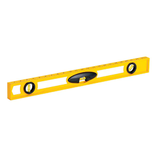 The STANLEY 24 in High-Impact ABS Level features three bubble vials, a black center handle, and durable yellow construction—ideal for precise horizontal and vertical alignment.