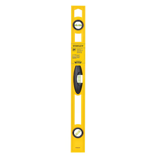 The STANLEY 24 in High-Impact ABS Level is yellow, features three bubble vials for accurate alignment, and displays the brand label near the center.