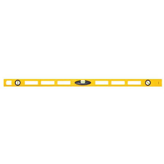 The STANLEY® ABS I-Beam Level 1200mm by Go Build, The Fastest Way To Build, is a yellow professional tool with three bubble vials and rectangular cutouts for checking surface alignment.