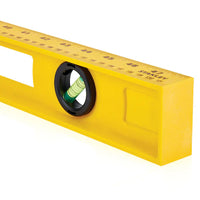 The STANLEY® ABS I-Beam Level 1200mm by Go Build, The Fastest Way To Build, is a yellow spirit level featuring a built-in bubble vial for horizontal alignment, a top-edge ruler, and durable ABS construction.