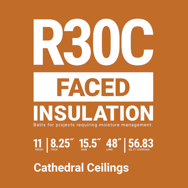 Orange graphic with bold white text: Owens Corning R30C Cathedral Ceiling Kraft Faced Fiberglass Insulation Batt, 15.5"x48", 8.25" thick, 11 pieces, covers 57 sq. ft. Text below: For cathedral ceilings.