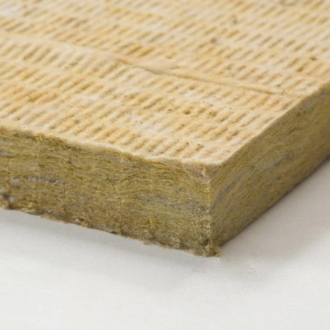 A close-up of the Owens Corning R15 Thermafiber Fire and Sound Guard 15 in. x 47 in. Mineral Wool Insulation Batt highlights its fibrous, yellowish-brown texture and grid-patterned surface for top noise control and thermal performance.