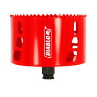 The DIABLO DHS4250 4-1/4 in. x 2-3/8 in. High Performance Hole Saw features sharp, jagged teeth around its edge and displays the Diablo brand with a white devil silhouette on the side. It includes multiple rectangular cutouts and a black base for its Mandrel System.