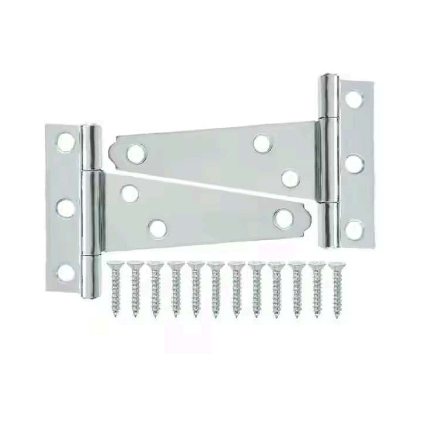 A pair of G-FORCE 42521 2 in. Light Tee Hinges, zinc plated with three holes per leaf, and ten matching screws from G FORCE are displayed neatly on a white background.