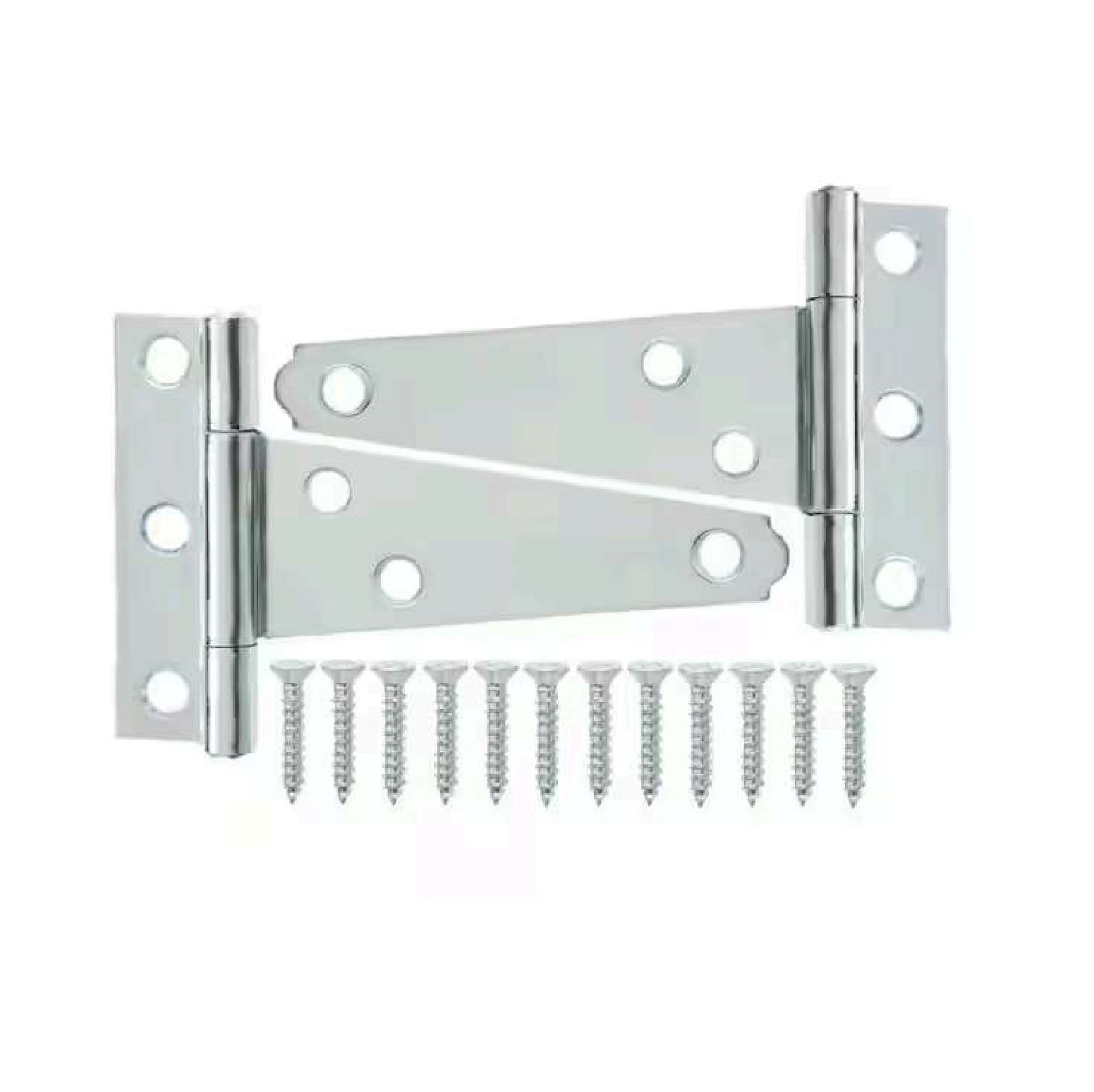 A pair of G-FORCE 42521 2 in. Light Tee Hinges, zinc plated with three holes per leaf, and ten matching screws from G FORCE are displayed neatly on a white background.