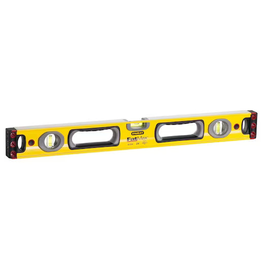 The STANLEY® FATMAX® BoxBeam Level 600mm features three bubble vials, two large hand grips, and durable box-beam construction for precise horizontal and vertical alignment—ideal for professional use.